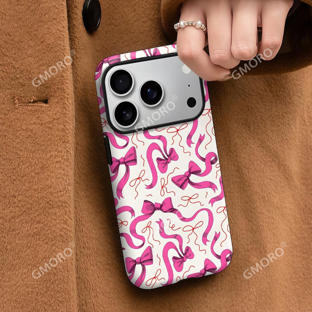European and American list pink ribbon bow suitable for Apple 17pro mobile phone case 15 frosted 14 double layer film case