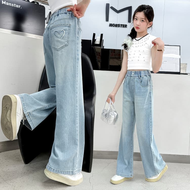 Summer thin Tencel girls' jeans Korean style ins simple and versatile medium and large children's trousers loose wide leg straight
