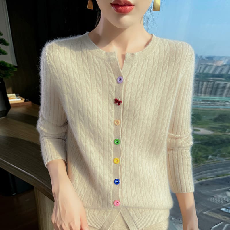 Cashmere cable knit base layer top, new autumn and winter style, women's slim fit round neck thickened short knit cardigan sweater coat