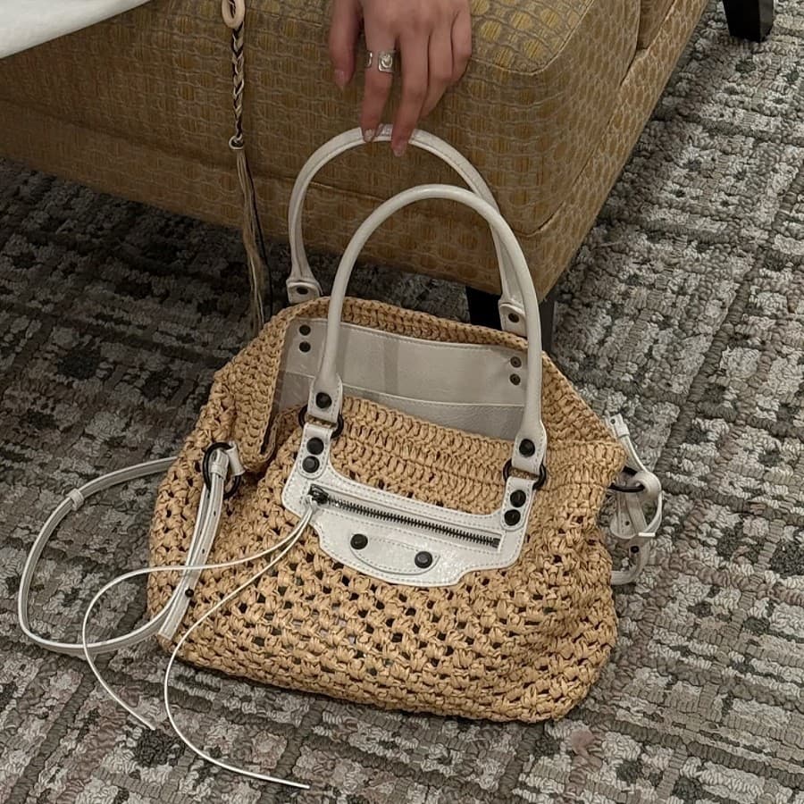 Paris Le City Woven Bag Cowhide Leather Raffia Woven Bag High-End Commuter Rivet Motorcycle Bag for Women