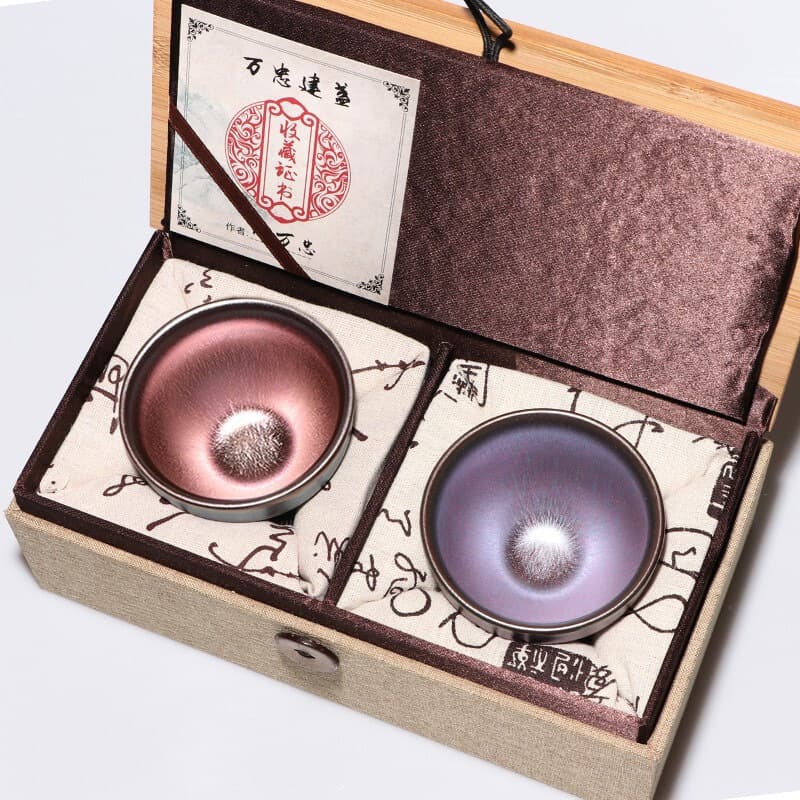 Authentic Pure Raw Mineral Iron Body Handmade Colorful Gold Jianyang Jian Zhan Nurturing Color Couple's Pair Cup Set with Premium Gift Box
