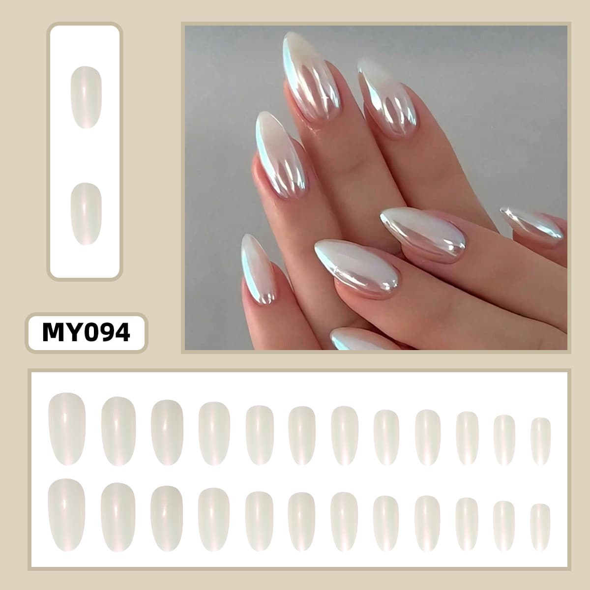 Iridescent Pearl White Press-On Nails Almond Shape Fake Nails Medium-Long Length Pure Desire Style Removable