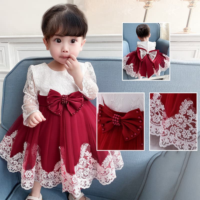 European and American New Bow Baby Dress Infant Toddler Christening Gown Children's Formal Dress Long Sleeve Lace Dress