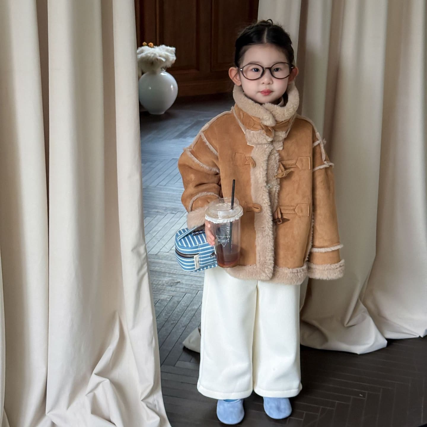 2025 Winter New Kids' Clothing Korean Style Girls' Suede Composite Lambswool Stand Collar Coat Winter Version