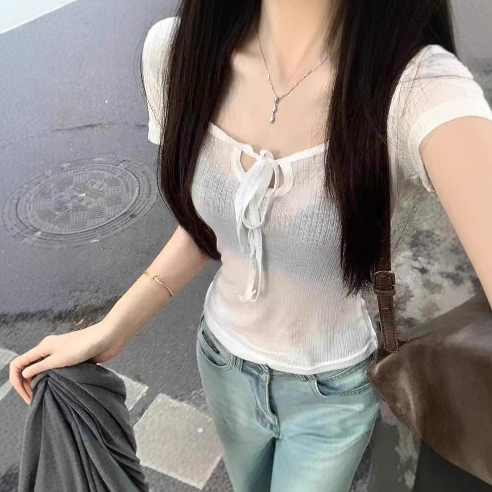 2026 new summer Korean style square neck short-sleeved T-shirt for women slim and versatile solid color bottoming shirt trendy tops