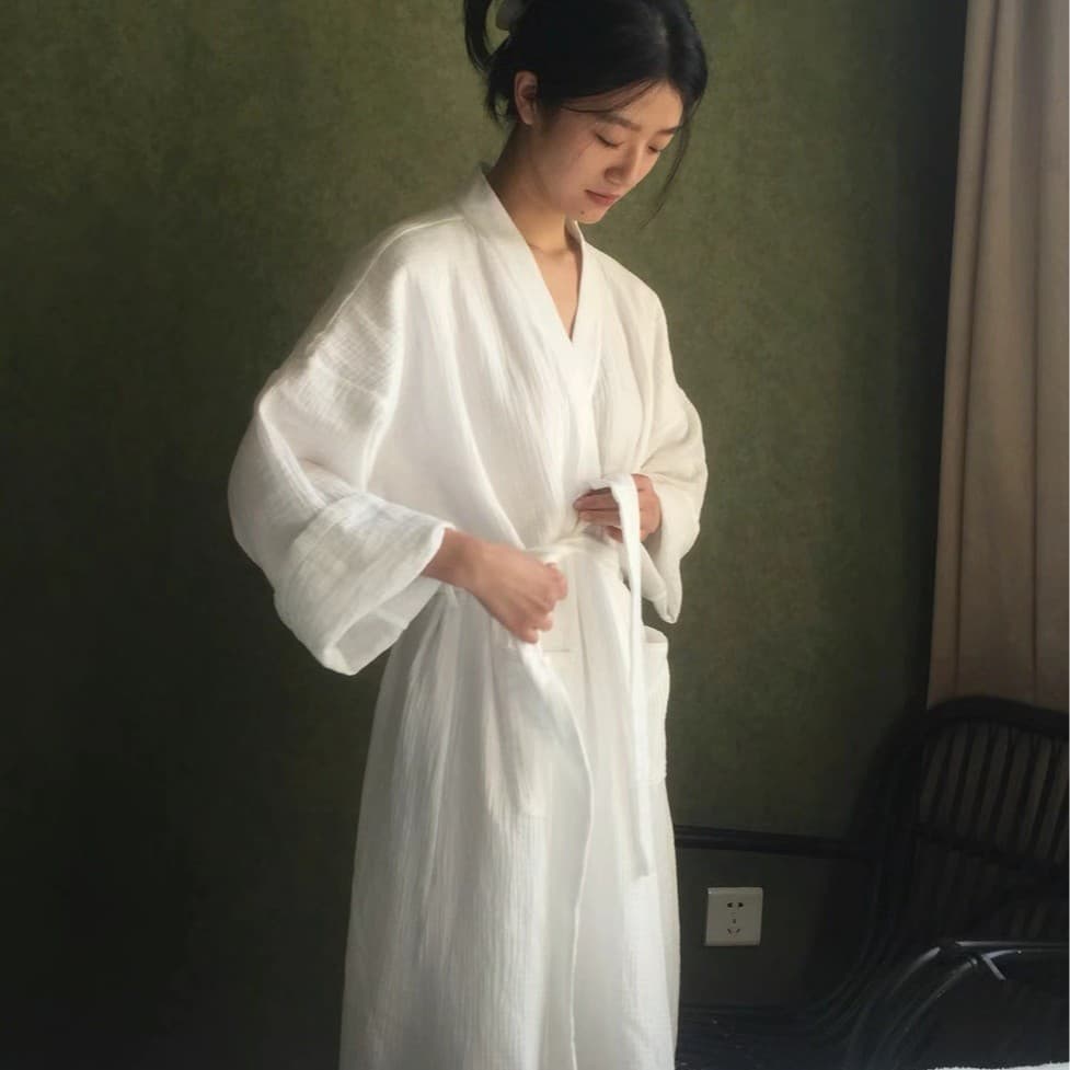 Three-layer crepe belt couple's nightgown pure cotton gauze women's white bathrobe large size cotton bathrobe home service robe