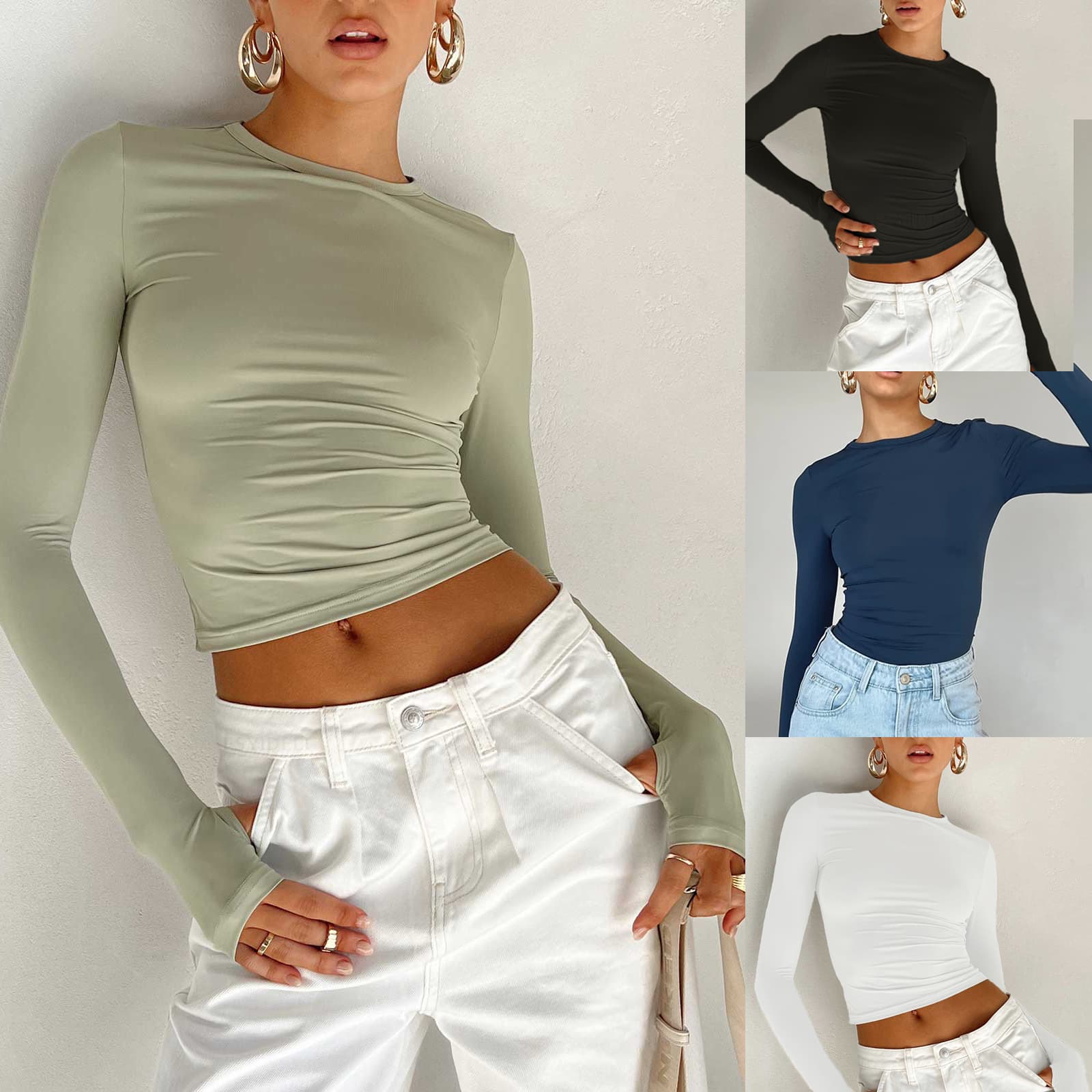 2024 Amazon Spring Women's Solid Color Round Neck Base Top, European and American Style Slim Fit Long Sleeve Top