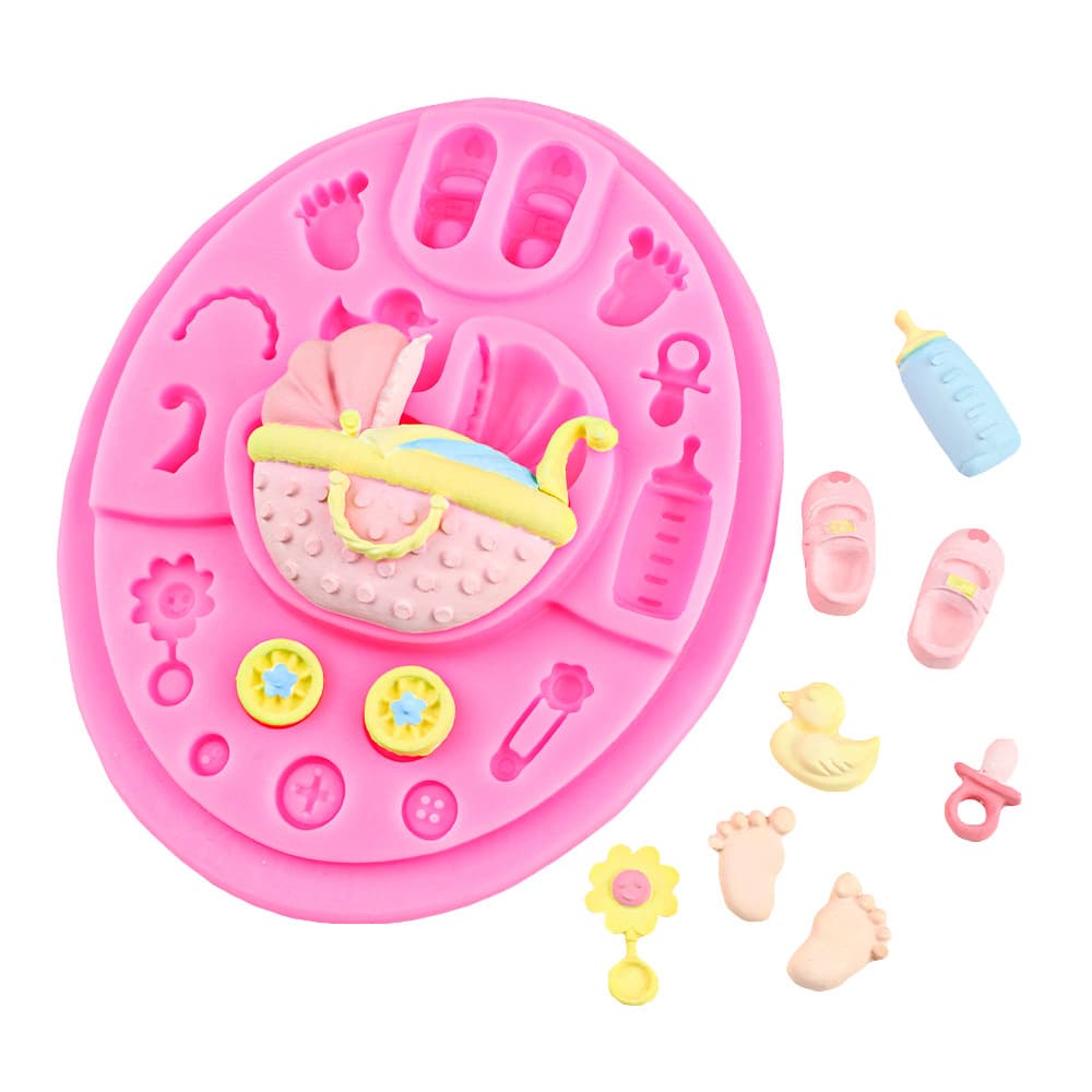 Baby Stroller Cradle Bottle Silicone Mold for Fondant Chocolate Cake Baby Full Moon First Birthday Decoration