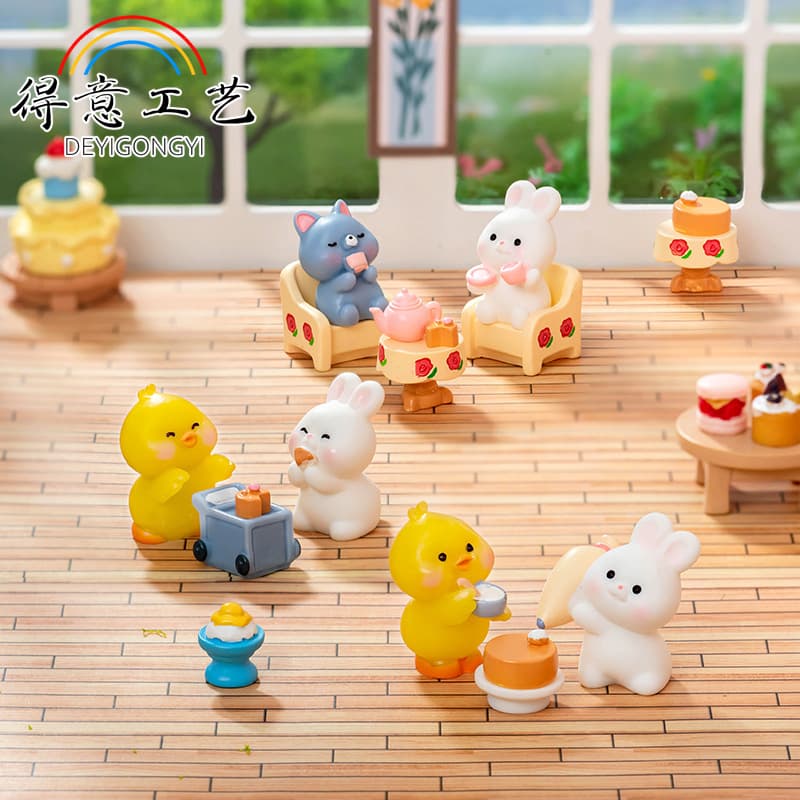 Micro landscape cartoon cute tea party small animal doll diy doll house decoration accessories desktop resin small ornaments