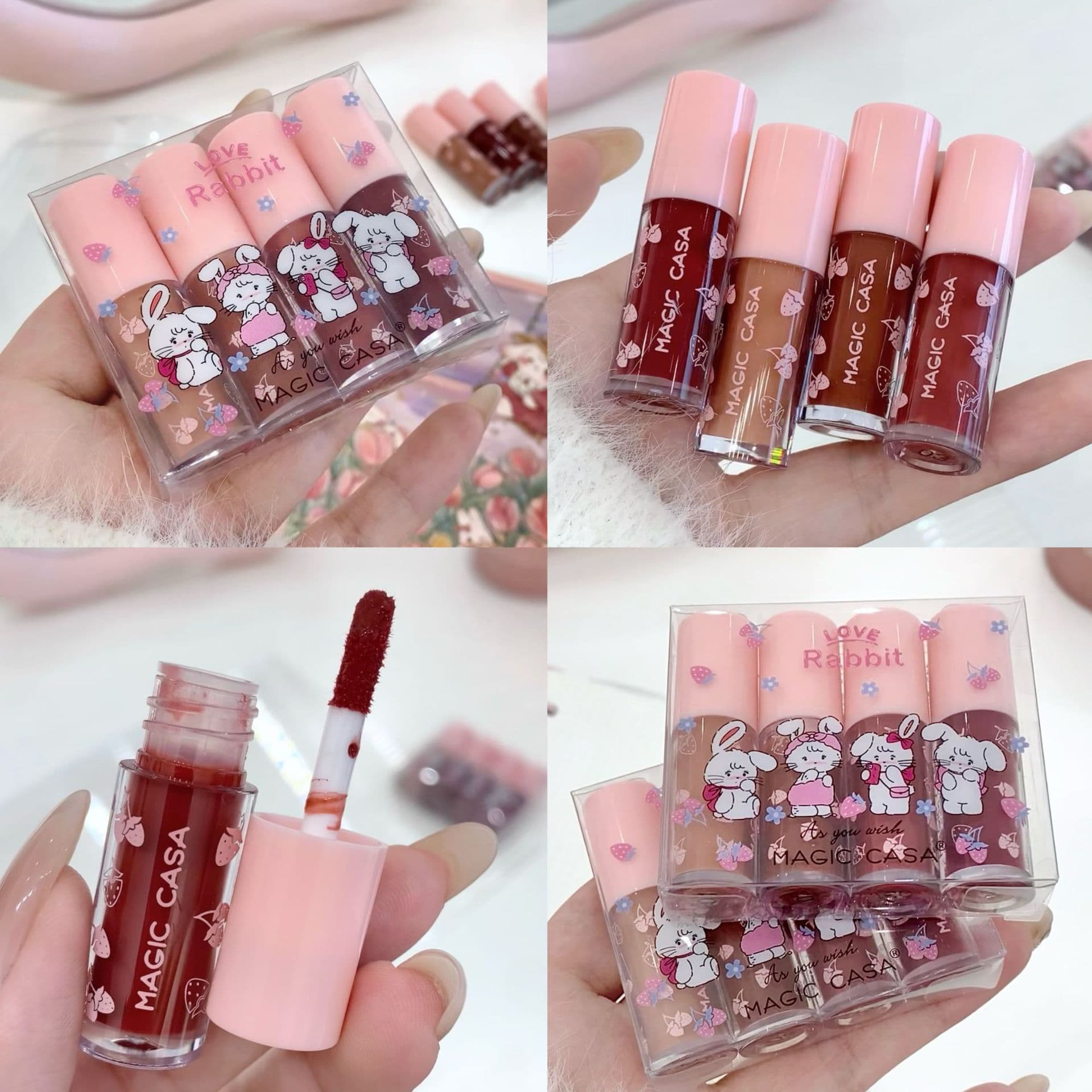 MAGIC CASA Mini Rabbit Lip Gloss 4-Piece Set Moisturizing Glossy Mirror Lip Tint Brightening Color for Young Women Cross-Border