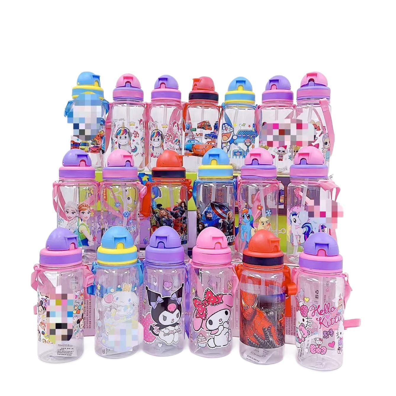 Kids Cartoon Straw Cup Plastic Water Bottle with Strap, Portable School Water Bottle, Small Capacity Children's Cup