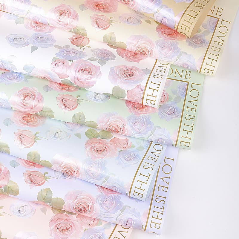 Neon Rose Floral Wrapping Paper with Ribbon, Flower Packaging Material for Wedding Gifts, Bouquet Wrap Paper