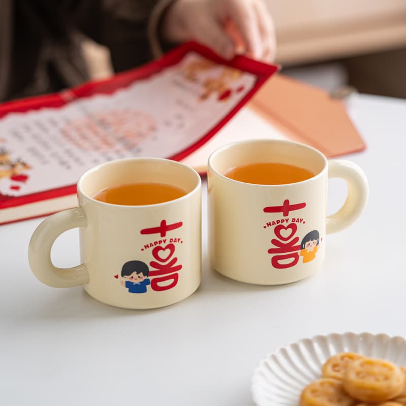 Double Happiness Couple Water Cup Pair Ceramic Mug Niche Retro Newlywed Gift Heat-Resistant Milk Breakfast Cup