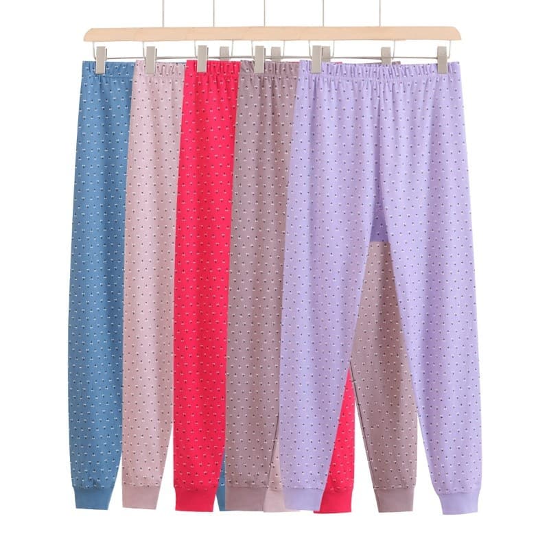 Women's Cotton Long Johns, Mid-Rise, Full Cotton, Loose, Thin, Printed, Fashionable, Mother's Cotton Fleece Lined Base Layer Pants