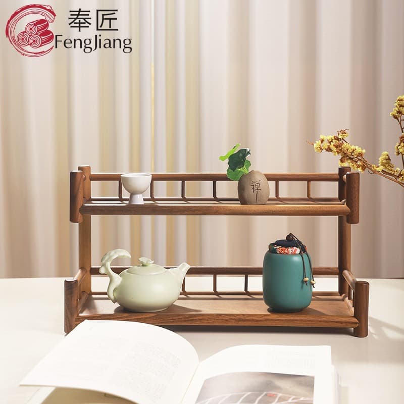 Double-layer Teapot Stand Tea Cup Holder Tea Utensil Storage Rack North American Walnut Stand Light Luxury Curio Shelf Solid Wood Small Desktop