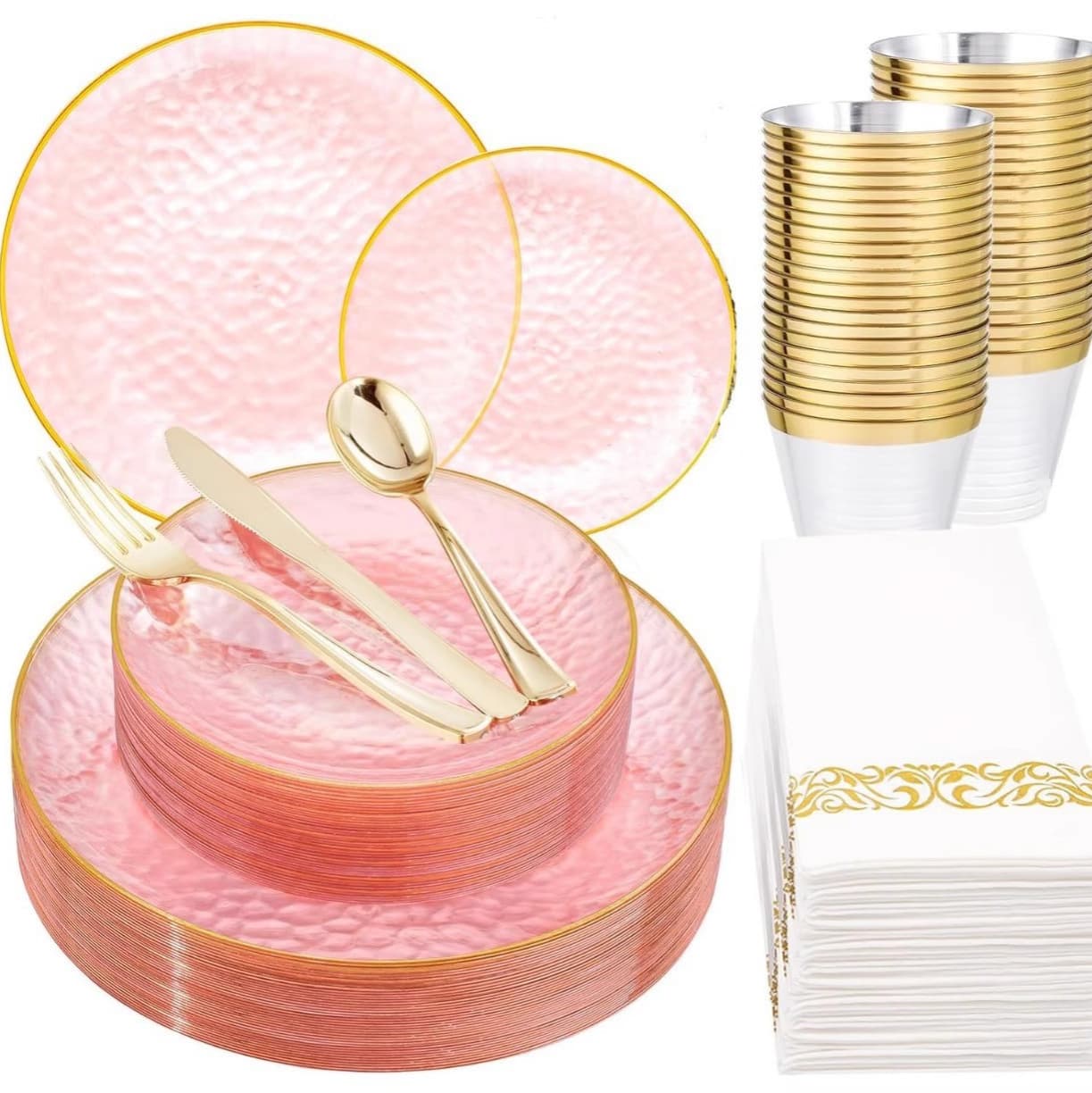Plastic Disposable Tableware Transparent Gold Plate Hammered Plate Pink Gold Rim Satin Plate Gold Foil Rim Hammered Party Plate