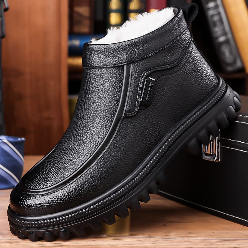 Men's Winter Fleece-Lined Warm Cotton Shoes, Business Casual Slip-Resistant Waterproof Wool Cotton Leather Shoes, Middle-Aged Dad Shoes