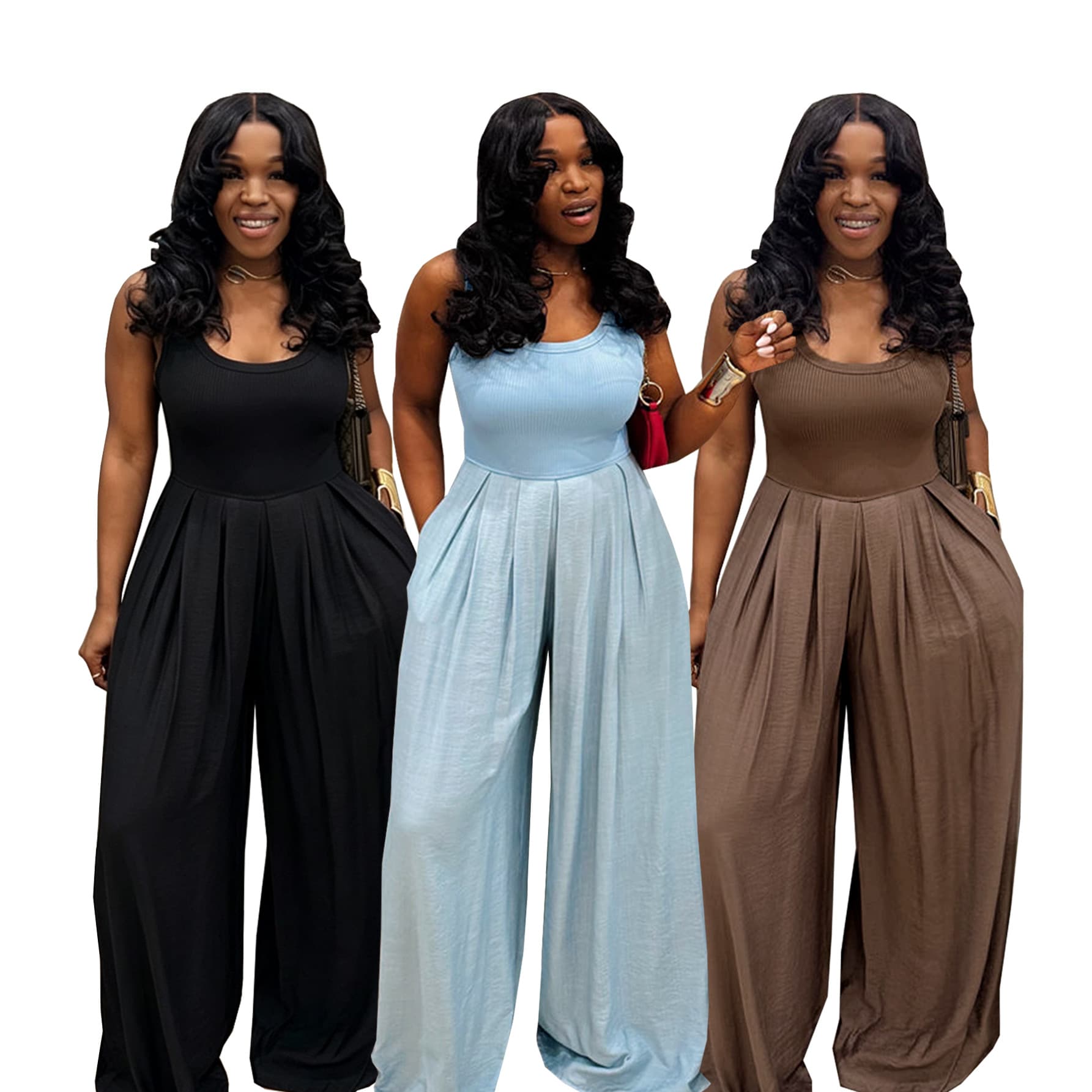 TW883 European and American Cross-Border Summer Women's Wide-Leg Casual Chiffon High-Waist Jumpsuit Camisole Solid Color Loose Jumpsuit