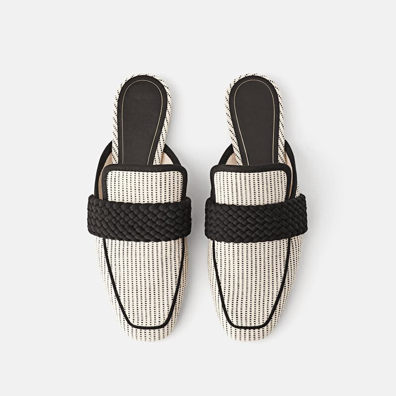 2026 Spring Fashion Square Toe Slip-On Commute Flat Women's Shoes Patchwork Mule Striped Closed-Toe Half Slippers