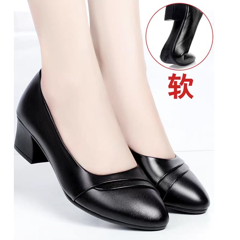 Spring and Autumn New Mom Shoes Genuine Leather Chunky Heel Flats Comfortable Versatile Middle-aged Women's Shoes Mid Heel Leather Shoes
