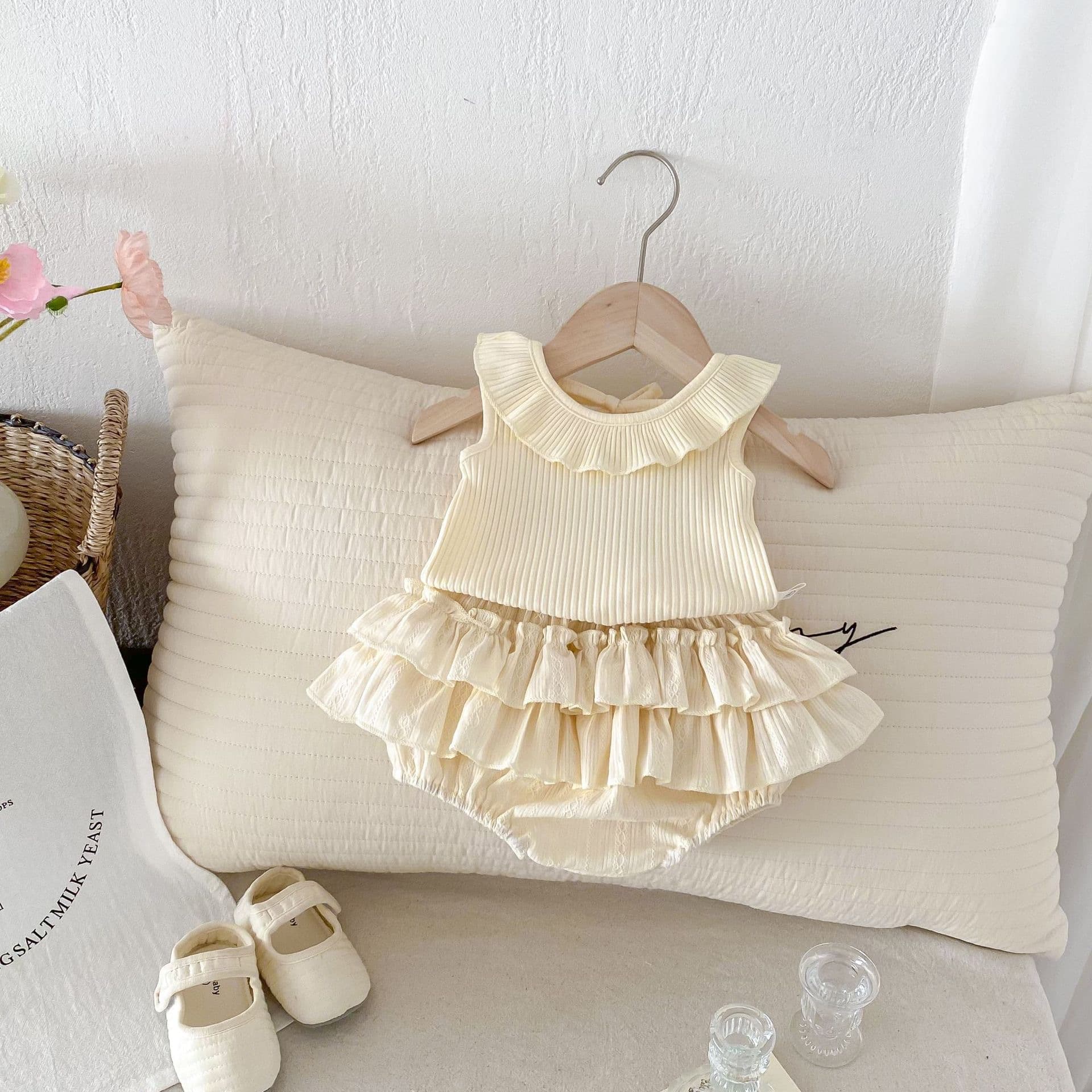 2025 Korean style baby summer backless sleeveless lotus leaf collar top for baby girl suit princess double layer harem skirt pants