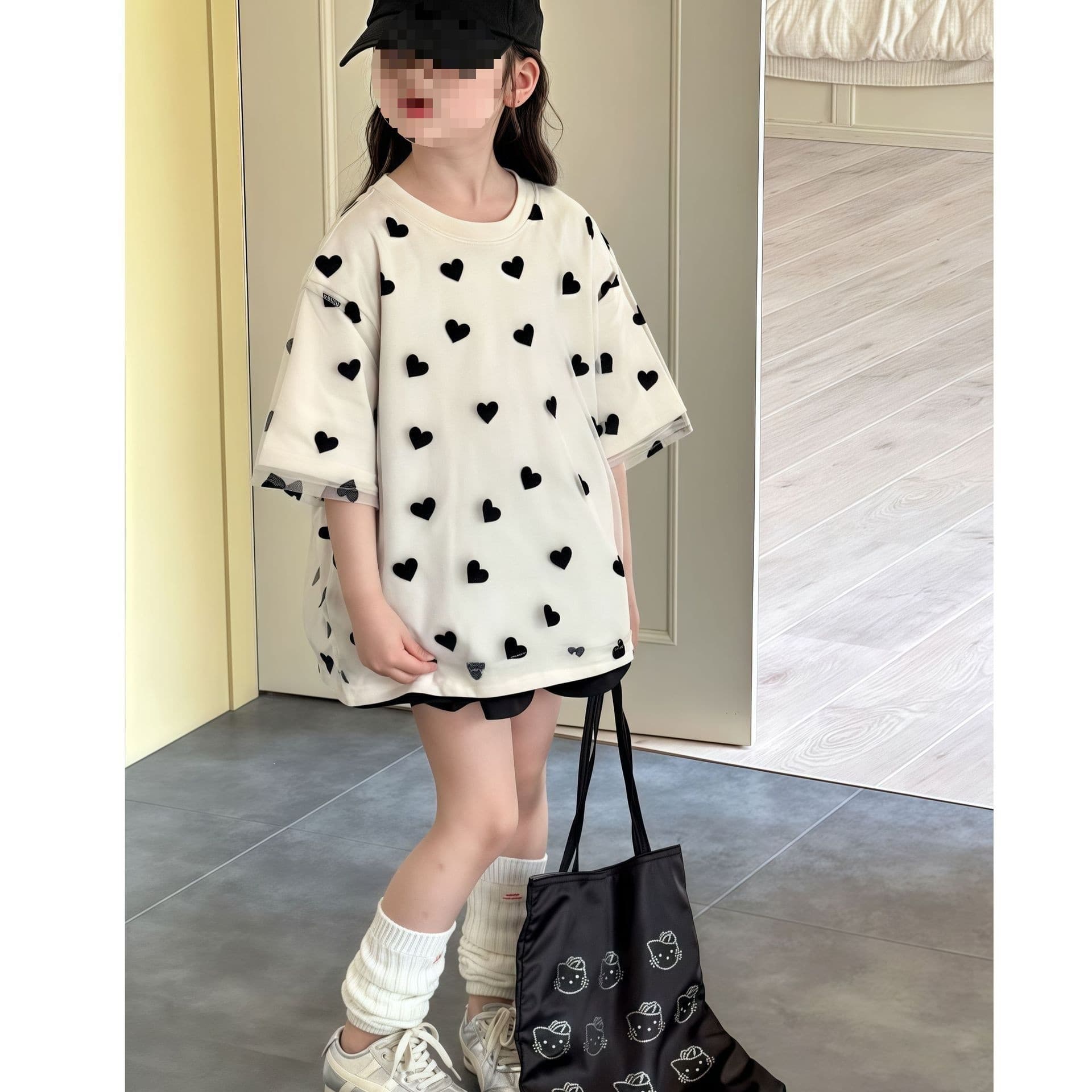 Girls' Summer Short-Sleeve T-Shirt 2026 New Style Heart Mesh Top Loose Sweet Tee