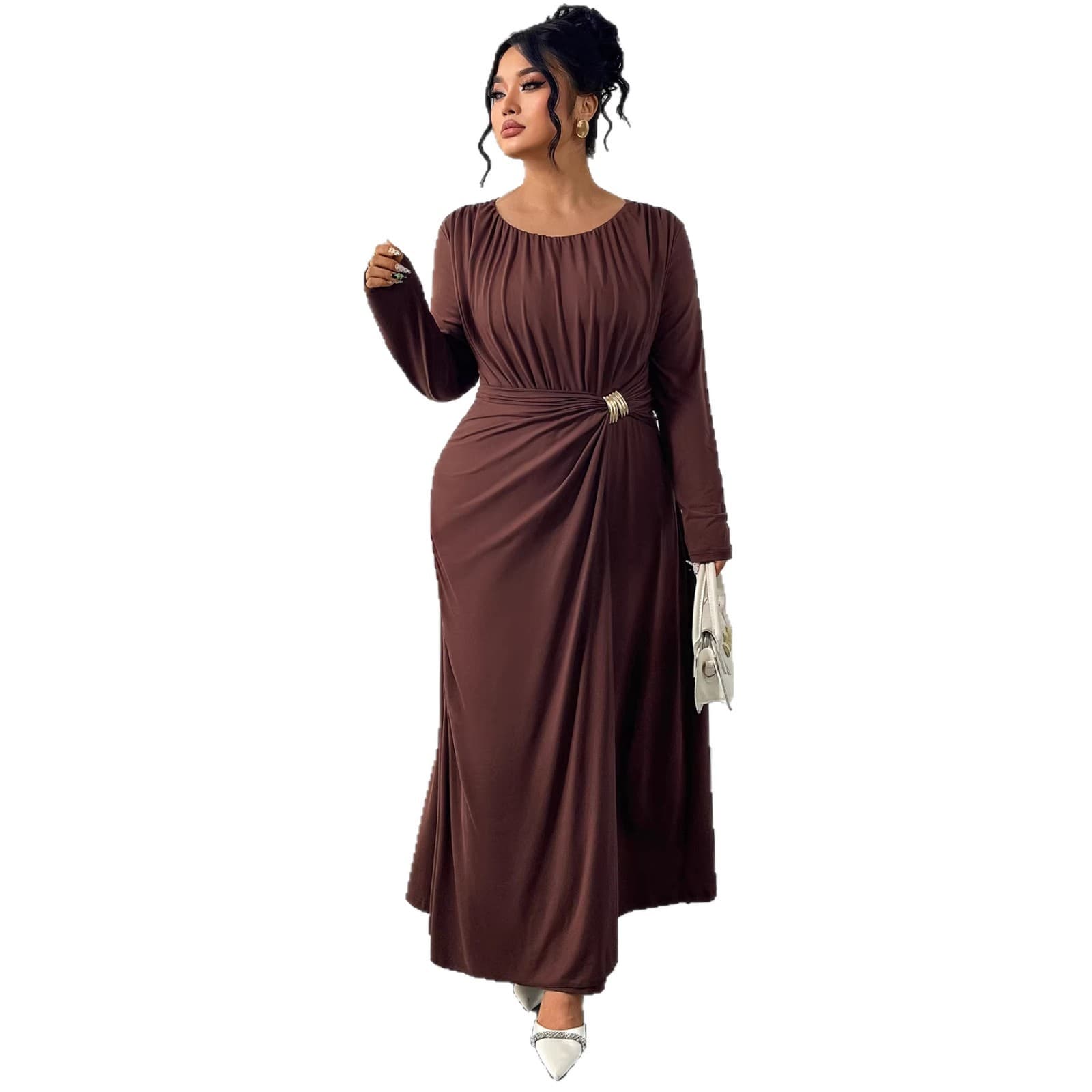 New Cross-Border Solid Color Dress European and American Plus Size Women's Round Neck Long Sleeve Waist-Tucking Design Pleated Long Skirt