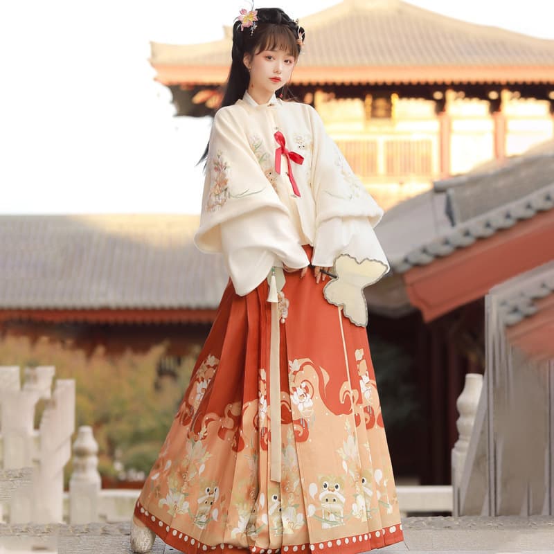 Original design Tiger Tuantuan Hanfu Women's Square Collar Cotton Top Cross Collar Top Horse Face Ruqun Three-Piece Set 8311