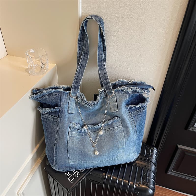 Korean-style Retro Tote Bag Large Capacity Relaxed Casual Denim Bag Comfortable Durable Versatile Commuter Shoulder Bag