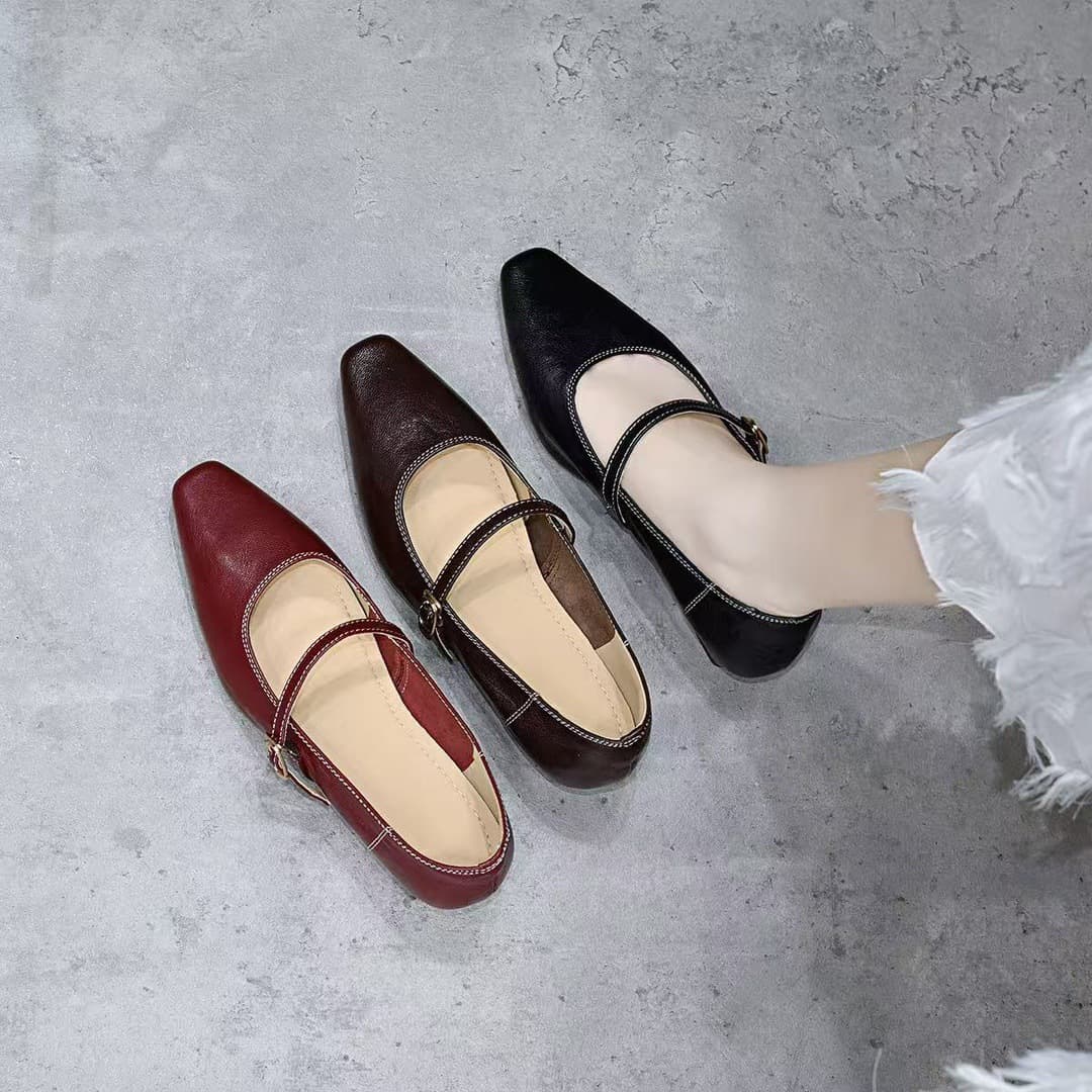 Mary Jane Shoes Women 2026 Autumn Korean Square Toe Plaid Cowhide Single Buckle Strap Shallow Mouth Chunky Heel Stitching Factory Direct