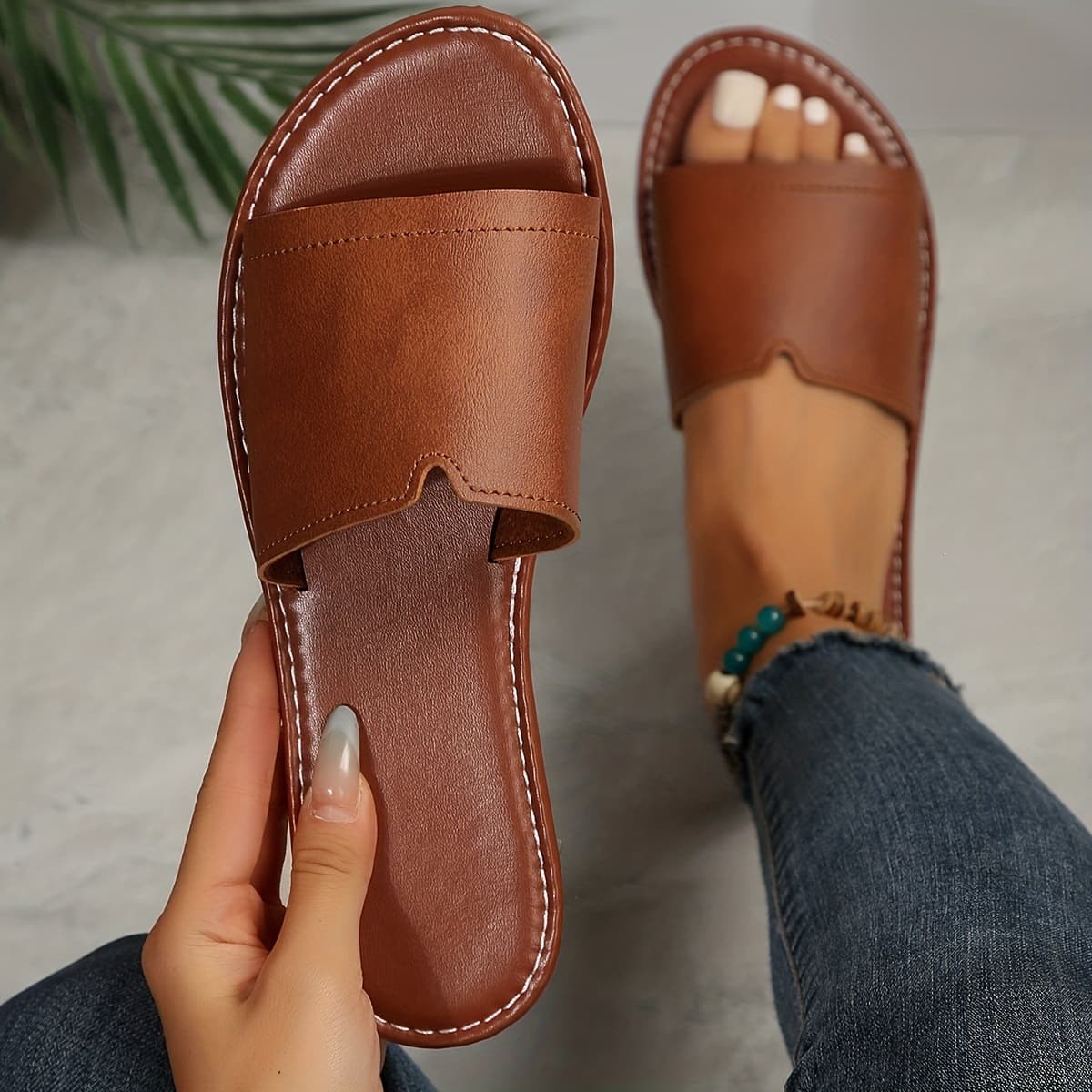 B 32091 V Neck Flat Sandals Solid Color One-Strap Slides