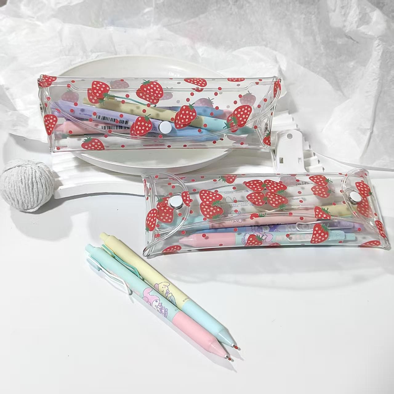 Strawberry Cherry Transparent Pencil Case, Universal Student Stationery Bag with High-Aesthetic Pattern