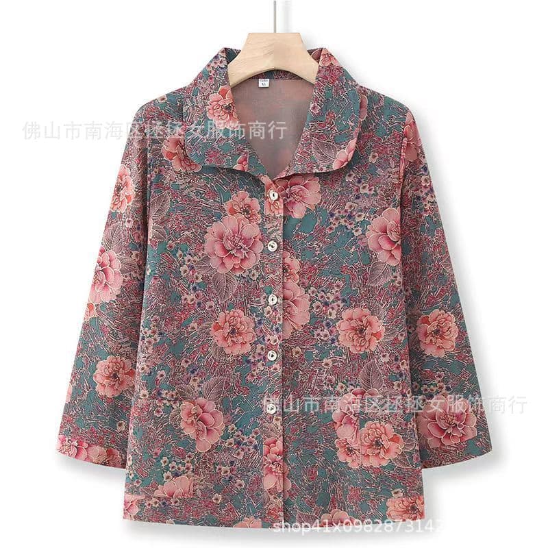 Cheap Rural Market Stall Supply Autumn New Middle-Aged and Elderly Women's Clothing, Mother's Button-Down Lapel Long-Sleeve T-Shirt