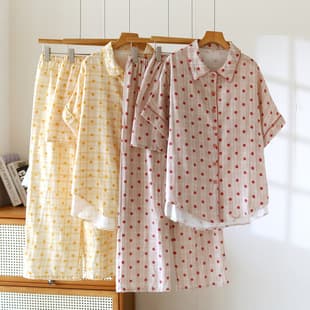 Polka Dot 3-Piece Pajama Set for Women, Spring Autumn Double-Layer Cotton Gauze Summer Lightweight Crepe Loungewear Set, Short Sleeve Long Pants