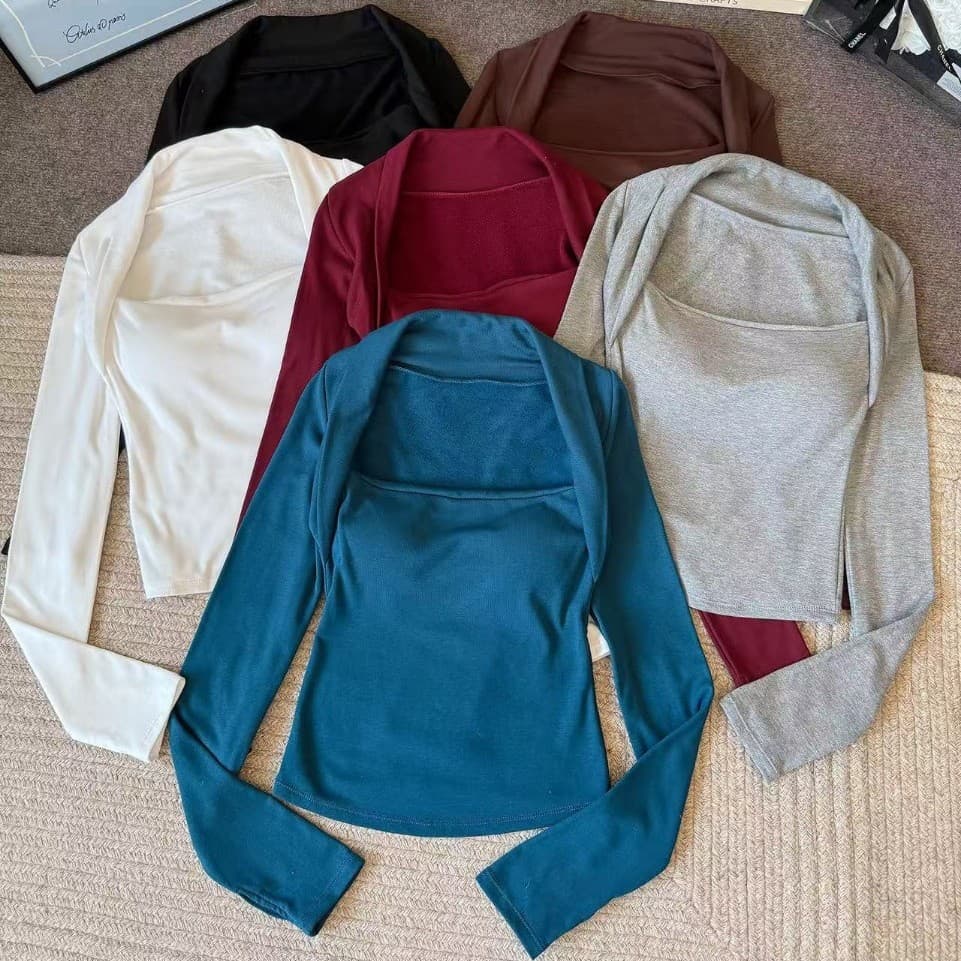5183# Korean-style minimalist solid color regular shoulder long-sleeve T-shirt, autumn brushed warm innerwear base layer versatile top.