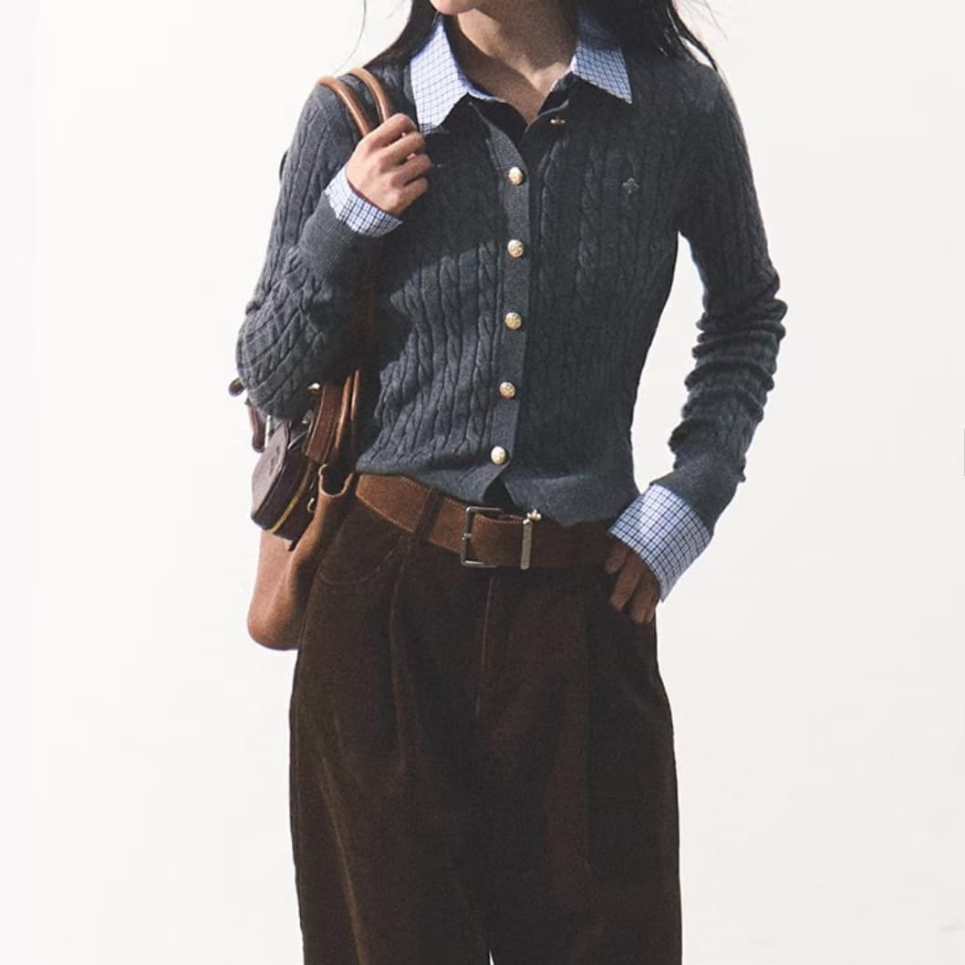 "Growth Process" Classic Old Money College Wool Knitwear Multi-color Round Neck Simple Versatile Cardigan Women's Foreign Trade Clothing