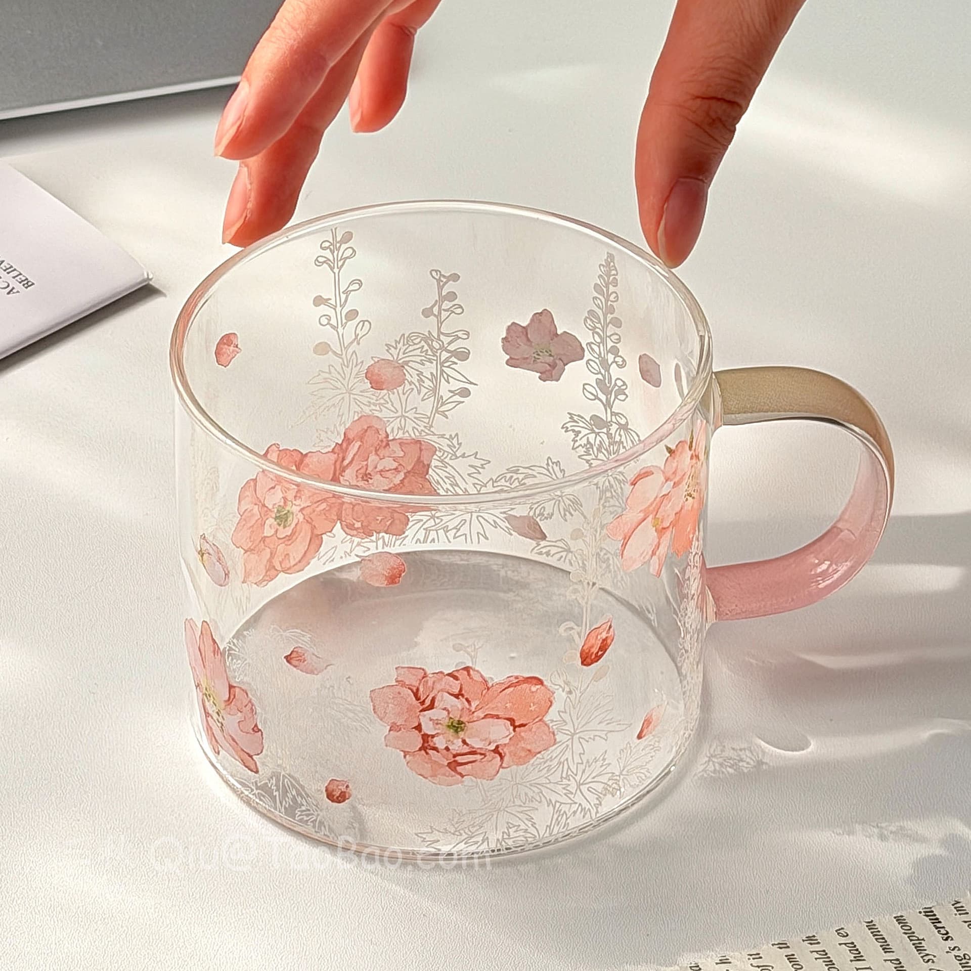 Premium Cherry Blossom Pink Glass Mug with Handle, Heat-Resistant Milk Cup, Coffee Cup, Juice Cup, and Beverage Mug
