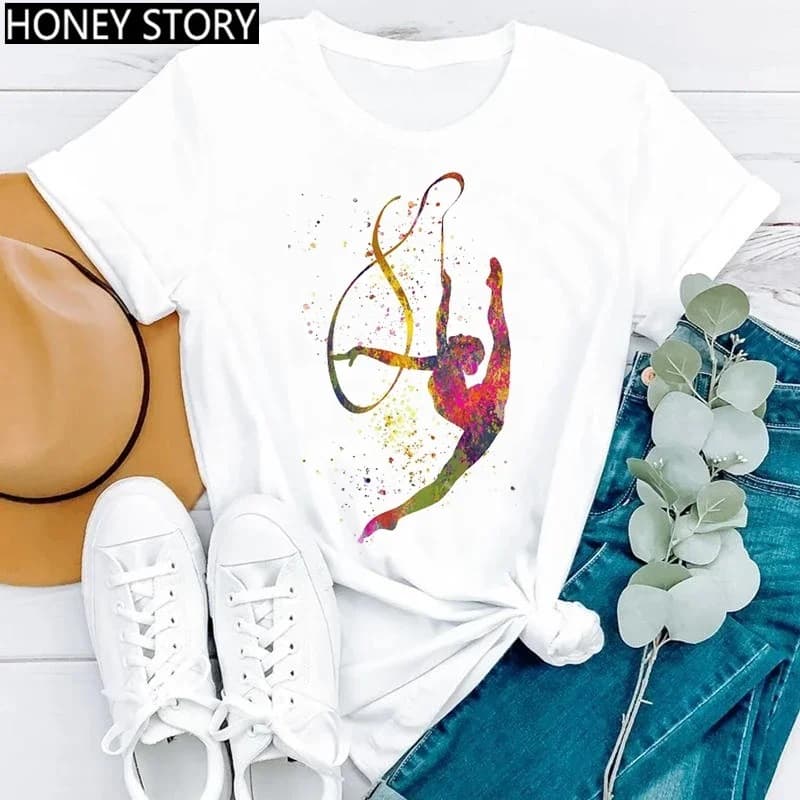 Gymnastics Ballet Dancer T-Shirt Watercolor Gymnastics Ballet Dancer Print T-Shirt Women's Graphic T-Shirt Aesthetic Clothing