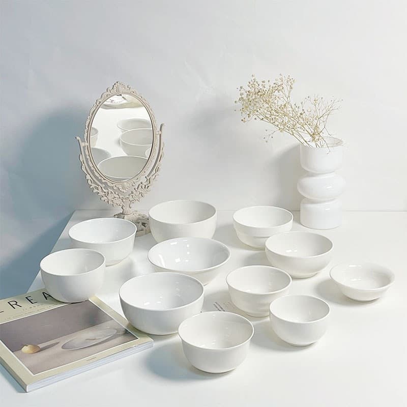 In Stock Ins Minimalist Style Ceramic Bowl Small Bowl Medium Bowl Rice Bowl Dessert Bowl Pure White Ceramic Bowl Household Bowl