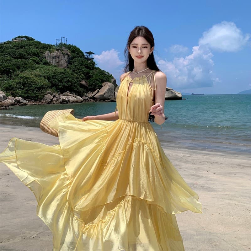 Amber Wind Chime Acetate Chiffon Halter Neck Dress Summer Elegant Vacation Long Dress with Belt