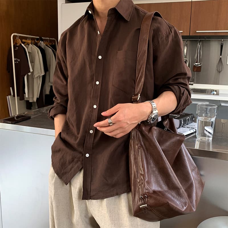 Cotton Linen Long Sleeve Shirt Men Spring Autumn Korean Trendy Stylish Versatile Solid Color Jacket Maillard Brown Ins Shirt