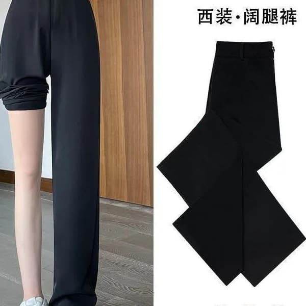 Fashion Wide-Leg Pants for Women, Summer Thin Draped Straight-Leg Trousers, Petite Length Black Dress Pants