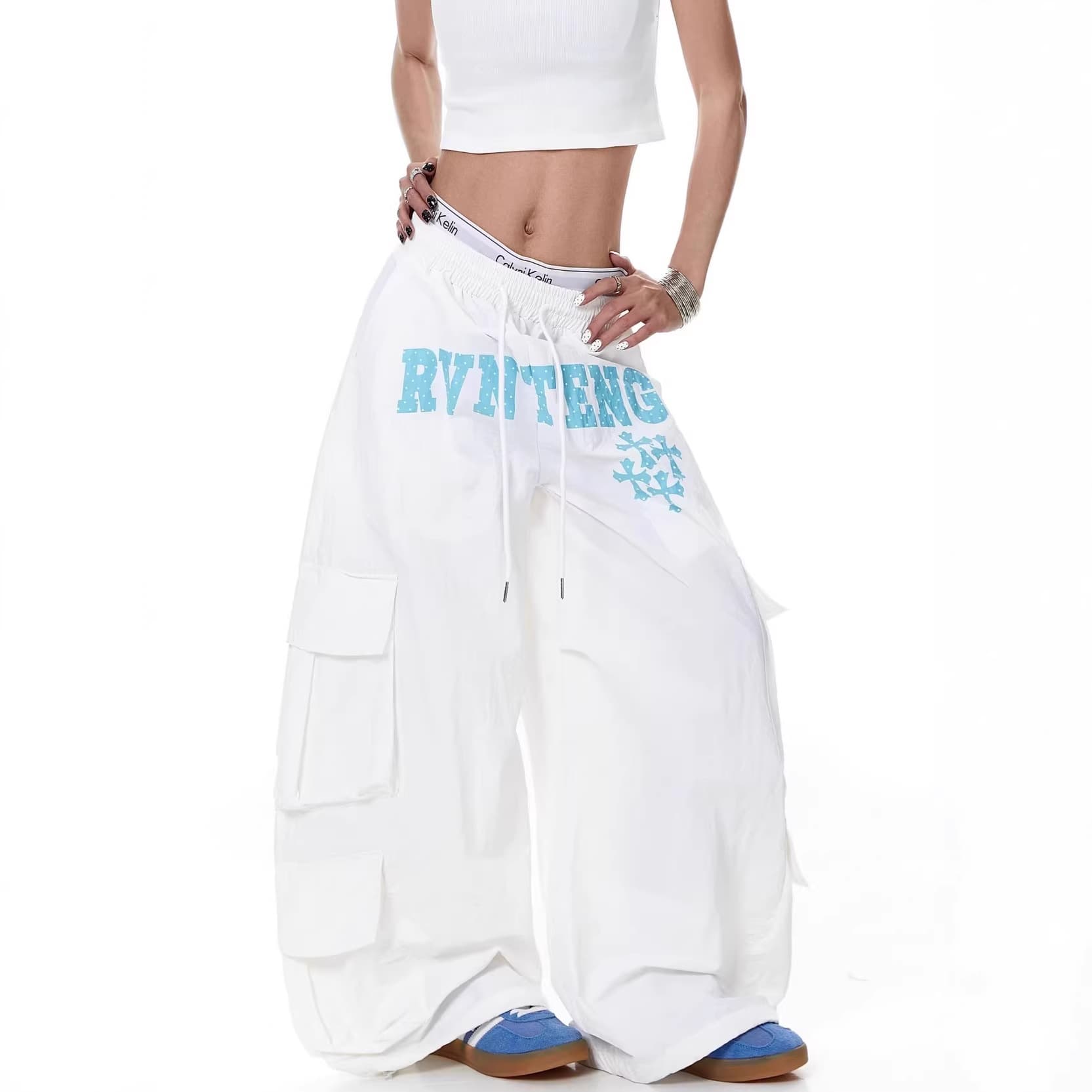 American retro multi-pocket work jeans for women, spring and autumn high street design, loose, slim and drapey wide-leg pants