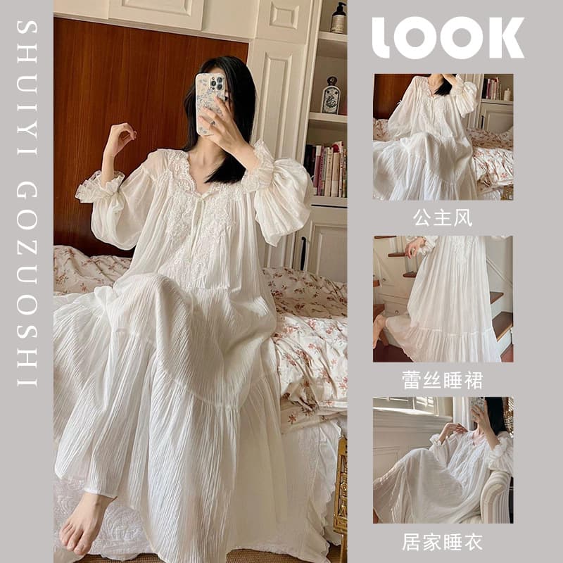 2025 New Princess Style Long Sleeve Sleep Dress for Women, Elegant Lace Nightgown for Spring and Autumn