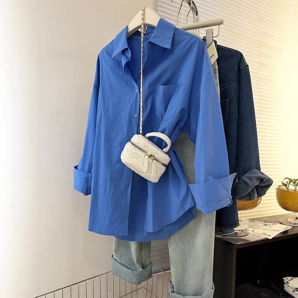 Cross-border wholesale blue long-sleeve shirt for women, spring 2026 new arrival, high-end luxury trendy blouse jacket top