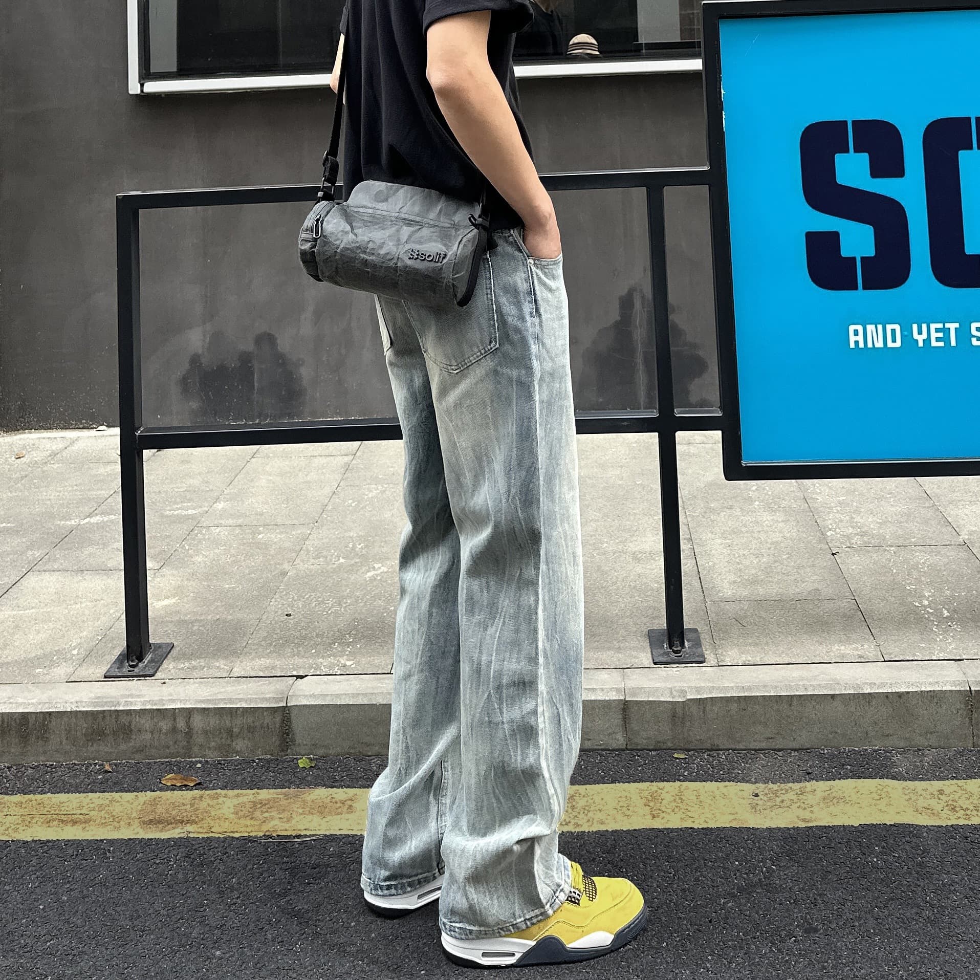 American High-Street Bamboo Texture Flared Straight Leg Jeans for Men, Spring-Summer Cleanfit Versatile Floor-Length Pants