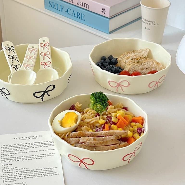 【Guohe Ceramics】Cream Ins Pink Embossed Hand-Painted Bow Ceramic Salad Plate Breakfast Plate Pasta Plate