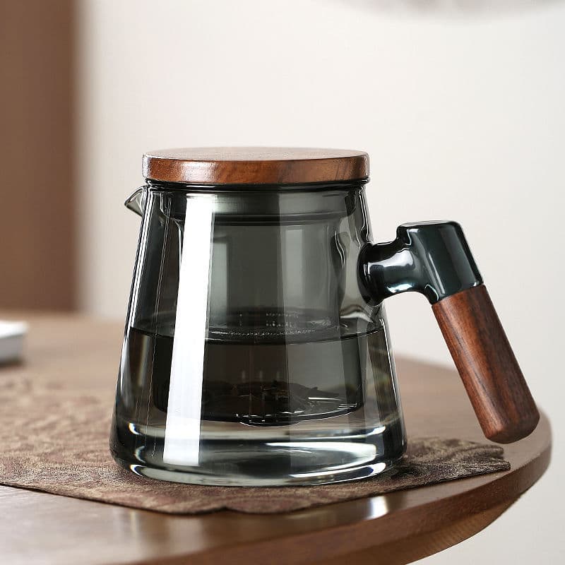 Borosilicate Heat-Resistant Glass Walnut Handle Three-Piece Tea Infuser Cup with Filter, Coffee Cup for Home and Office