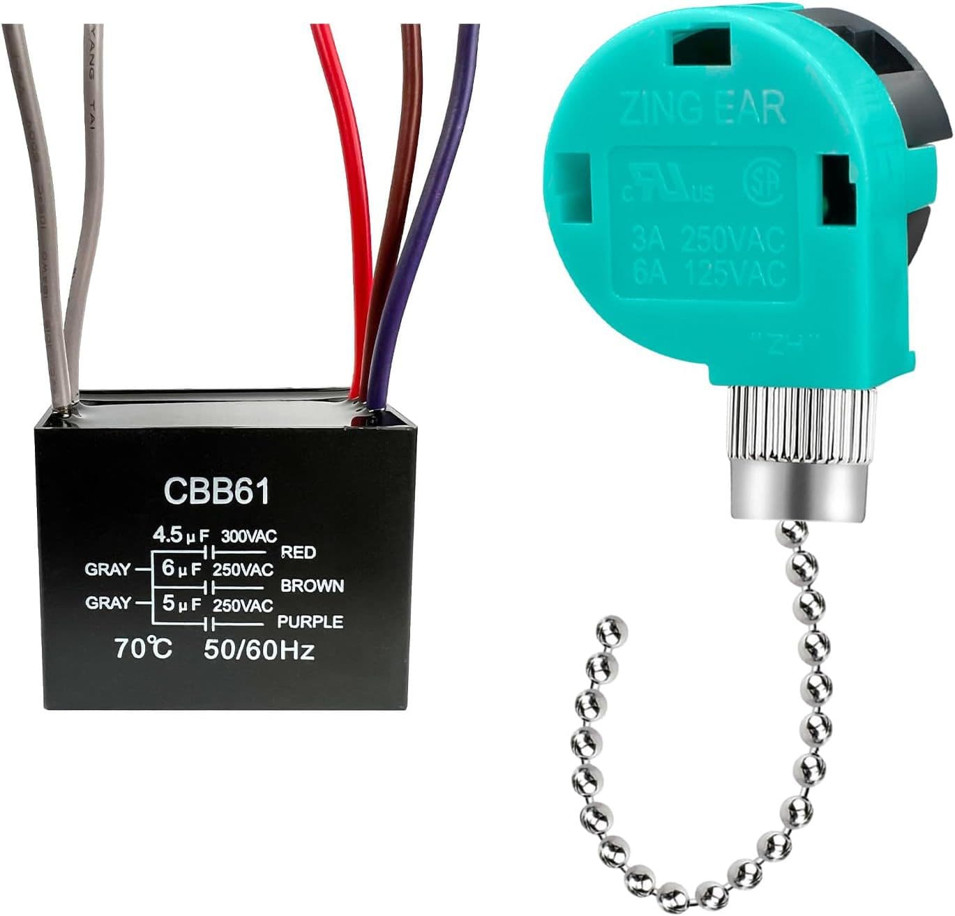 Pull Cord Switch for Wall Lamp Fan Lamp Zipper Switch 3 Capacitors Fan Ceiling Fan Light Speed Control Capacitor