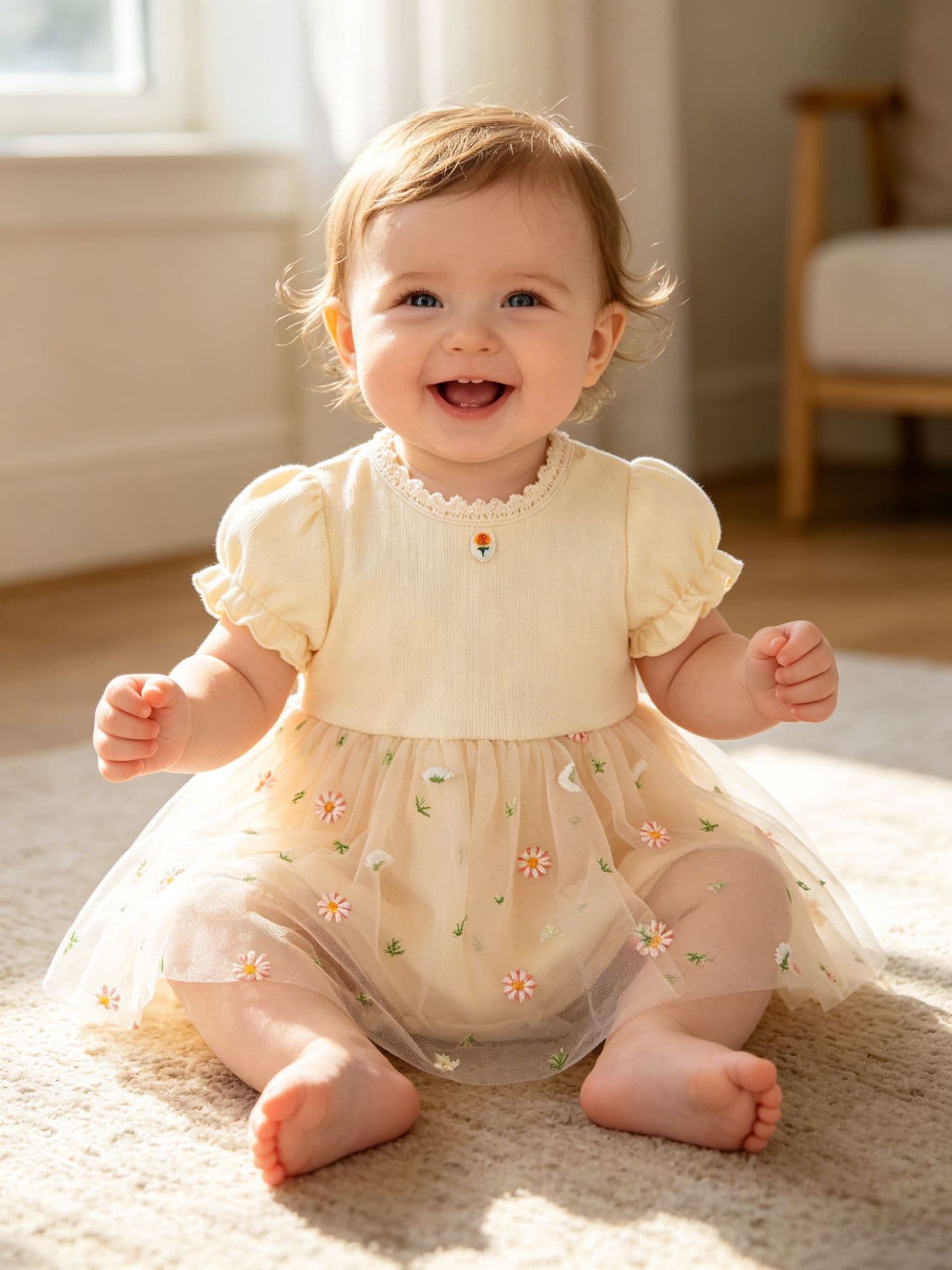 Baby Summer Bodysuit New Short Sleeve Mesh Floral Dress for Girls, One-Piece Skirt Bodysuit, Sweet First Birthday Bodysuit Dress